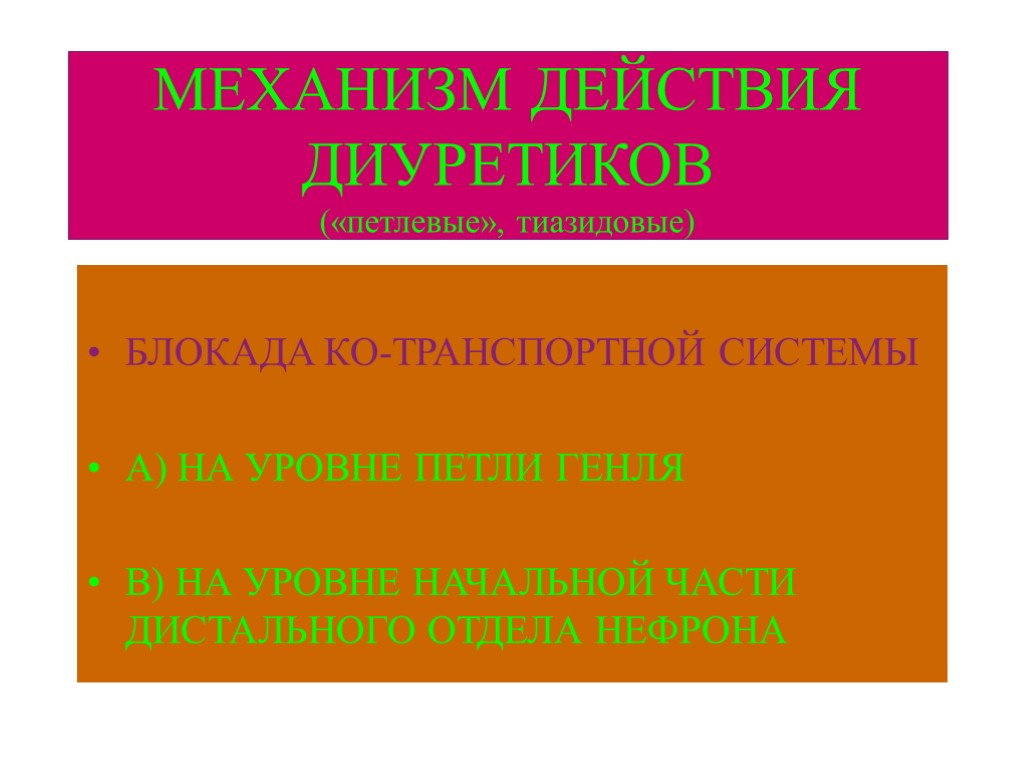 МЕХАНИЗМ ДЕЙСТВИЯ ДИУРЕТИКОВ («петлевые», тиазидовые) БЛОКАДА КО-ТРАНСПОРТНОЙ СИСТЕМЫ А) НА УРОВНЕ ПЕТЛИ ГЕНЛЯ В)